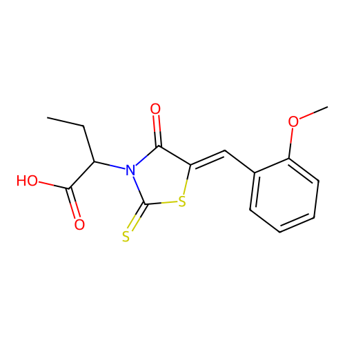 2-[(5Z)-5-[(2-methoxyphenyl)methylidene]-4-oxo-2-sulfanylidene-1,3-thiazolidin-3-yl]butanoic acid structure
