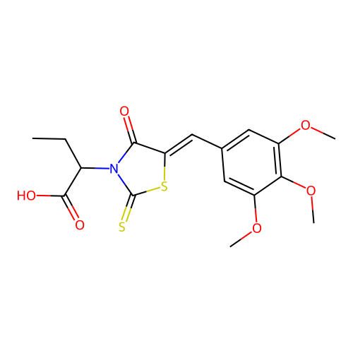 2-[(5Z)-4-oxo-2-sulfanylidene-5-[(3,4,5-trimethoxyphenyl)methylidene]-1,3-thiazolidin-3-yl]butanoic acid structure