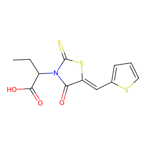 (Z)-2-(4-oxo-5-(thiophen-2-ylmethylene)-2-thioxothiazolidin-3-yl)butanoic acid structure