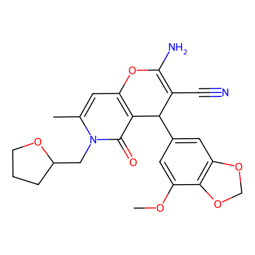 2-amino-4-(7-methoxy-1,3-benzodioxol-5-yl)-7-methyl-5-oxo-6-(tetrahydrofuran-2-ylmethyl)-5,6-dihydro-4H-pyrano[3,2-c]pyridine-3-carbonitrile structure