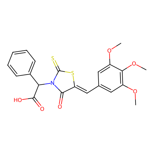 (Z)-2-(4-oxo-2-thioxo-5-(3,4,5-trimethoxybenzylidene)thiazolidin-3-yl)-2-phenylacetic acid structure