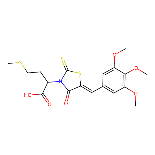 (Z)-4-(methylthio)-2-(4-oxo-2-thioxo-5-(3,4,5-trimethoxybenzylidene)thiazolidin-3-yl)butanoic acid structure