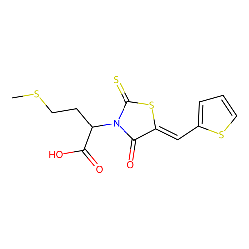 (Z)-4-(methylthio)-2-(4-oxo-5-(thiophen-2-ylmethylene)-2-thioxothiazolidin-3-yl)butanoic acid structure