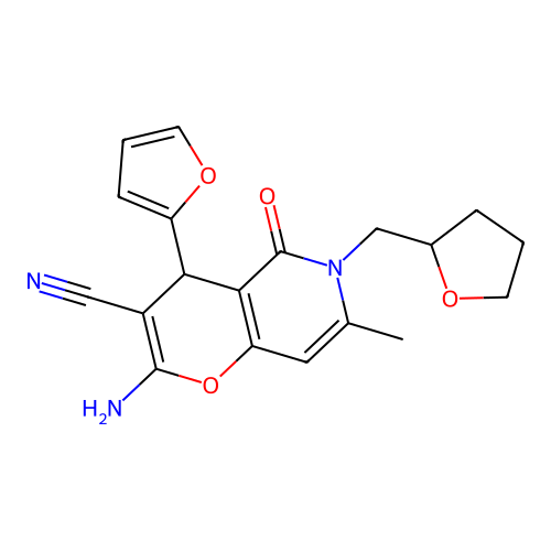 2-amino-4-(furan-2-yl)-7-methyl-5-oxo-6-(tetrahydrofuran-2-ylmethyl)-5,6-dihydro-4H-pyrano[3,2-c]pyridine-3-carbonitrile structure