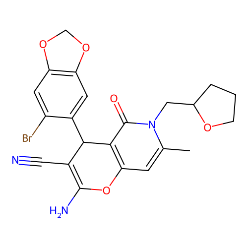 2-amino-4-(6-bromo-1,3-benzodioxol-5-yl)-7-methyl-5-oxo-6-(tetrahydrofuran-2-ylmethyl)-5,6-dihydro-4H-pyrano[3,2-c]pyridine-3-carbonitrile structure