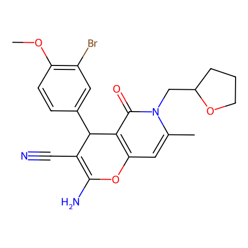 2-amino-4-(3-bromo-4-methoxyphenyl)-7-methyl-5-oxo-6-(tetrahydrofuran-2-ylmethyl)-5,6-dihydro-4H-pyrano[3,2-c]pyridine-3-carbonitrile structure