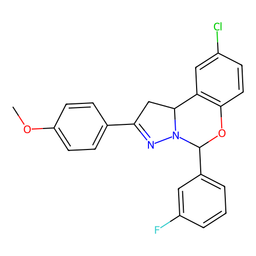1-[2-chloro-6-(3-fluorophenyl)(6H,10aH-benzo[e]2-pyrazolino[1,5-c]1,3-oxazin-9 -yl)]-4-methoxybenzene structure