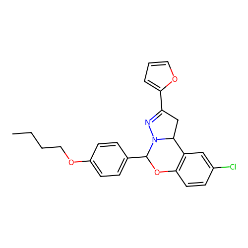 5-(4-butoxyphenyl)-9-chloro-2-(furan-2-yl)-1,10b-dihydropyrazolo[1,5-c][1,3]benzoxazine structure