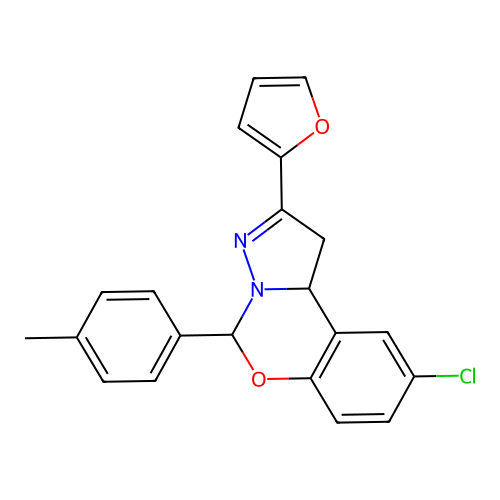 9-chloro-2-(2-furyl)-5-(4-methylphenyl)-1,10b-dihydropyrazolo[1,5-c][1,3]benzoxazine structure
