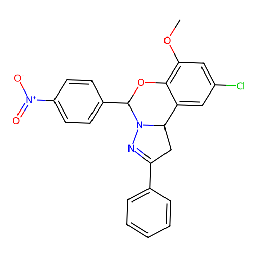 2-chloro-4-methoxy-6-(4-nitrophenyl)-9-phenyl-6H,10aH-benzo[e]2-pyrazolino[1,5 -c]1,3-oxazine structure