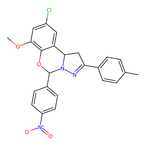 9-chloro-7-methoxy-2-(4-methylphenyl)-5-(4-nitrophenyl)-1,10b-dihydropyrazolo[1,5-c][1,3]benzoxazine structure