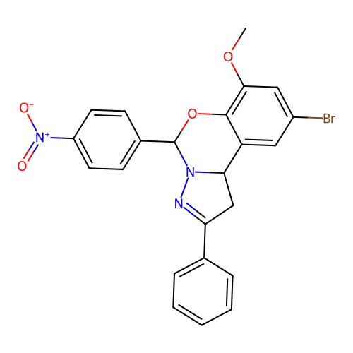 9-bromo-7-methoxy-5-(4-nitrophenyl)-2-phenyl-1,10b-dihydropyrazolo[1,5-c][1,3]benzoxazine structure