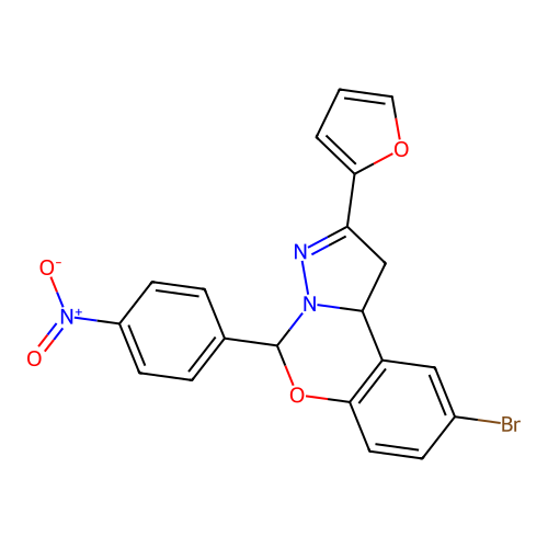 2-bromo-9-(2-furyl)-6-(4-nitrophenyl)-6H,10aH-benzo[e]2-pyrazolino[1,5-c]1,3-o xazine structure