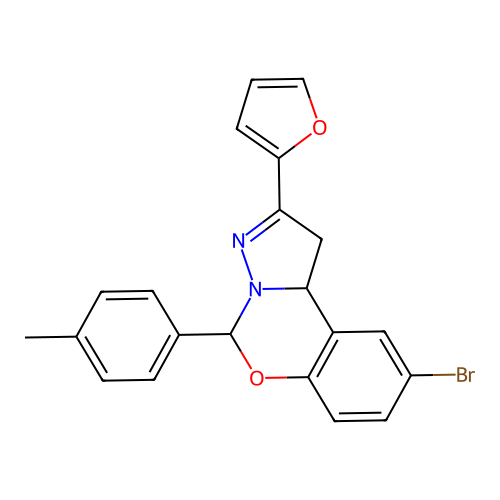 2-bromo-9-(2-furyl)-6-(4-methylphenyl)-6H,10aH-benzo[e]2-pyrazolino[1,5-c]1,3- oxazine structure