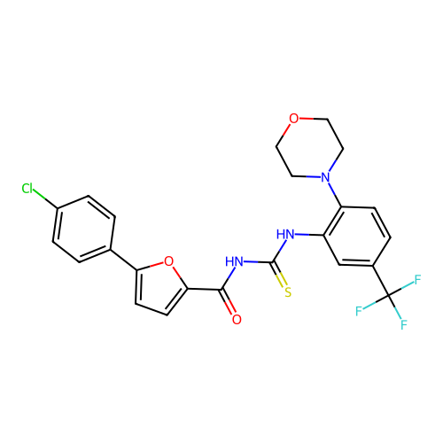 5-(4-chlorophenyl)-N-((2-morpholino-5-(trifluoromethyl)phenyl)carbamothioyl)furan-2-carboxamide structure