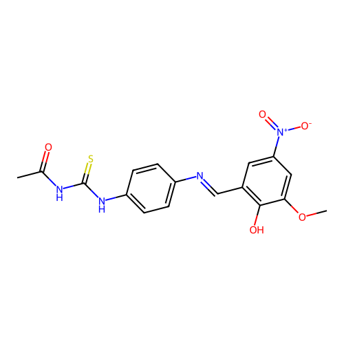(E)-N-((4-((2-hydroxy-3-methoxy-5-nitrobenzylidene)amino)phenyl)carbamothioyl)acetamide structure
