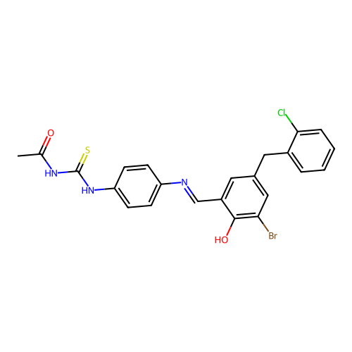 (E)-N-((4-((3-bromo-5-(2-chlorobenzyl)-2-hydroxybenzylidene)amino)phenyl)carbamothioyl)acetamide structure