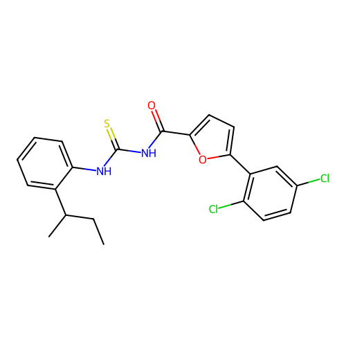 N-((2-(sec-butyl)phenyl)carbamothioyl)-5-(2,5-dichlorophenyl)furan-2-carboxamide structure