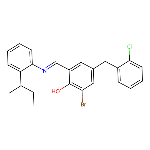 2-bromo-6-[(E)-{[2-(butan-2-yl)phenyl]imino}methyl]-4-(2-chlorobenzyl)phenol structure