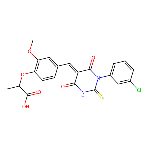 2-(4-{(E)-[1-(3-chlorophenyl)-4,6-dioxo-2-thioxotetrahydropyrimidin-5(2H)-ylidene]methyl}-2-methoxyphenoxy)propanoic acid structure
