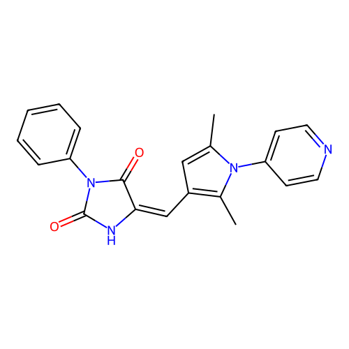 (5E)-5-[(2,5-dimethyl-1-pyridin-4-ylpyrrol-3-yl)methylidene]-3-phenylimidazolidine-2,4-dione structure
