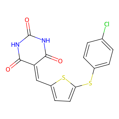 5-((5-((4-chlorophenyl)thio)thiophen-2-yl)methylene)pyrimidine-2,4,6(1H,3H,5H)-trione structure