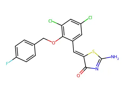(5Z)-2-amino-5-[[3,5-dichloro-2-[(4-fluorophenyl)methoxy]phenyl]methylidene]-1,3-thiazol-4-one structure