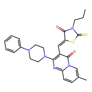 7-methyl-3-[(Z)-(4-oxo-3-propyl-2-thioxo-1,3-thiazolidin-5-ylidene)methyl]-2-(4-phenylpiperazin-1-yl)-4H-pyrido[1,2-a]pyrimidin-4-one structure