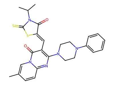 7-methyl-3-{(Z)-[4-oxo-3-(propan-2-yl)-2-thioxo-1,3-thiazolidin-5-ylidene]methyl}-2-(4-phenylpiperazin-1-yl)-4H-pyrido[1,2-a]pyrimidin-4-one structure