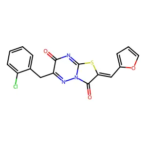 (Z)-6-(2-chlorobenzyl)-2-(furan-2-ylmethylene)-2H-thiazolo[3,2-b][1,2,4]triazine-3,7-dione structure