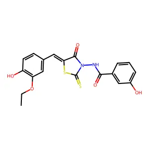 N-[(5E)-5-[(3-ethoxy-4-hydroxyphenyl)methylidene]-4-oxo-2-sulfanylidene-1,3-thiazolidin-3-yl]-3-hydroxybenzamide structure