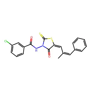 3-chloro-N-((Z)-5-((E)-2-methyl-3-phenylallylidene)-4-oxo-2-thioxothiazolidin-3-yl)benzamide structure