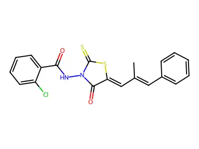 2-chloro-N-{(5Z)-5-[(2E)-2-methyl-3-phenylprop-2-en-1-ylidene]-4-oxo-2-thioxo-1,3-thiazolidin-3-yl}benzamide structure