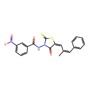 N-((Z)-5-((E)-2-methyl-3-phenylallylidene)-4-oxo-2-thioxothiazolidin-3-yl)-3-nitrobenzamide structure