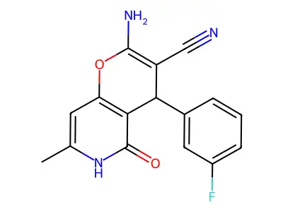 2-amino-4-(3-fluorophenyl)-7-methyl-5-oxo-5,6-dihydro-4H-pyrano[3,2-c]pyridine-3-carbonitrile structure