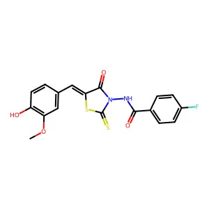 (Z)-4-fluoro-N-(5-(4-hydroxy-3-methoxybenzylidene)-4-oxo-2-thioxothiazolidin-3-yl)benzamide structure