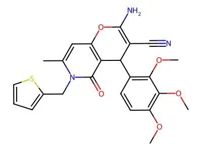 2-amino-7-methyl-5-oxo-6-(thiophen-2-ylmethyl)-4-(2,3,4-trimethoxyphenyl)-5,6-dihydro-4H-pyrano[3,2-c]pyridine-3-carbonitrile structure