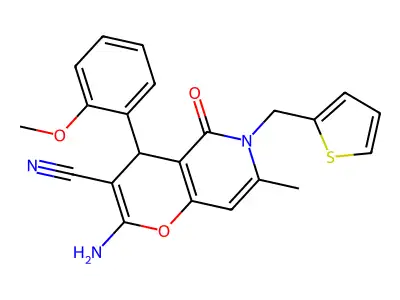 2-amino-4-(2-methoxyphenyl)-7-methyl-5-oxo-6-(thiophen-2-ylmethyl)-5,6-dihydro-4H-pyrano[3,2-c]pyridine-3-carbonitrile structure