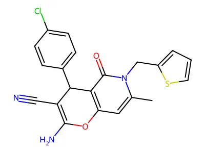 2-amino-4-(4-chlorophenyl)-7-methyl-5-oxo-6-(thiophen-2-ylmethyl)-5,6-dihydro-4H-pyrano[3,2-c]pyridine-3-carbonitrile structure