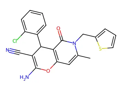 2-amino-4-(2-chlorophenyl)-7-methyl-5-oxo-6-(thiophen-2-ylmethyl)-5,6-dihydro-4H-pyrano[3,2-c]pyridine-3-carbonitrile structure