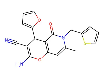 2-amino-4-(furan-2-yl)-7-methyl-5-oxo-6-(thiophen-2-ylmethyl)-5,6-dihydro-4H-pyrano[3,2-c]pyridine-3-carbonitrile structure