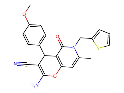 2-amino-4-(4-methoxyphenyl)-7-methyl-5-oxo-6-(thiophen-2-ylmethyl)-5,6-dihydro-4H-pyrano[3,2-c]pyridine-3-carbonitrile structure