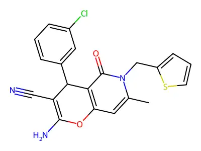 2-amino-4-(3-chlorophenyl)-7-methyl-5-oxo-6-(thiophen-2-ylmethyl)-5,6-dihydro-4H-pyrano[3,2-c]pyridine-3-carbonitrile structure