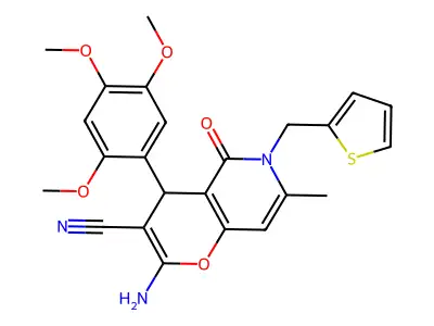 2-amino-7-methyl-5-oxo-6-(thiophen-2-ylmethyl)-4-(2,4,5-trimethoxyphenyl)-5,6-dihydro-4H-pyrano[3,2-c]pyridine-3-carbonitrile structure