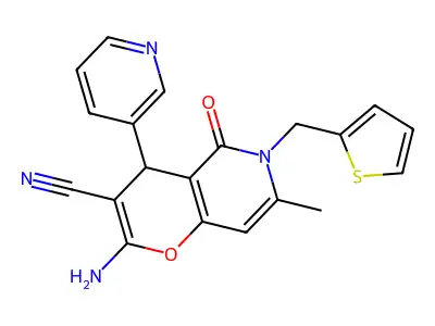 2-amino-7-methyl-5-oxo-4-(pyridin-3-yl)-6-(thiophen-2-ylmethyl)-5,6-dihydro-4H-pyrano[3,2-c]pyridine-3-carbonitrile structure