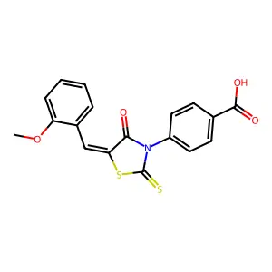 4-{5-[(2-methoxyphenyl)methylene]-4-oxo-2-thioxo-1,3-thiazolidin-3-yl}benzoic acid structure