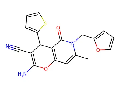 2-amino-6-(furan-2-ylmethyl)-7-methyl-5-oxo-4-(thiophen-2-yl)-5,6-dihydro-4H-pyrano[3,2-c]pyridine-3-carbonitrile structure