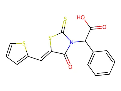 4-Oxo-I+/--phenyl-5-(2-thienylmethylene)-2-thioxo-3-thiazolidineacetic acid structure