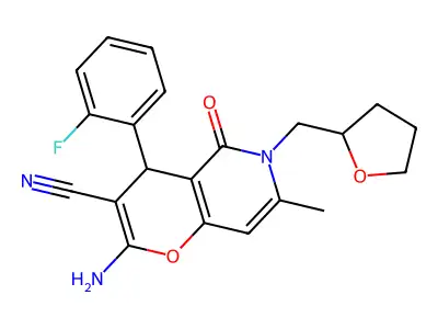 2-amino-4-(2-fluorophenyl)-7-methyl-5-oxo-6-((tetrahydrofuran-2-yl)methyl)-5,6-dihydro-4H-pyrano[3,2-c]pyridine-3-carbonitrile structure
