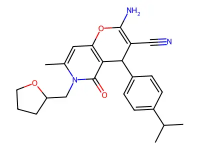 2-amino-4-(4-isopropylphenyl)-7-methyl-5-oxo-6-((tetrahydrofuran-2-yl)methyl)-5,6-dihydro-4H-pyrano[3,2-c]pyridine-3-carbonitrile structure
